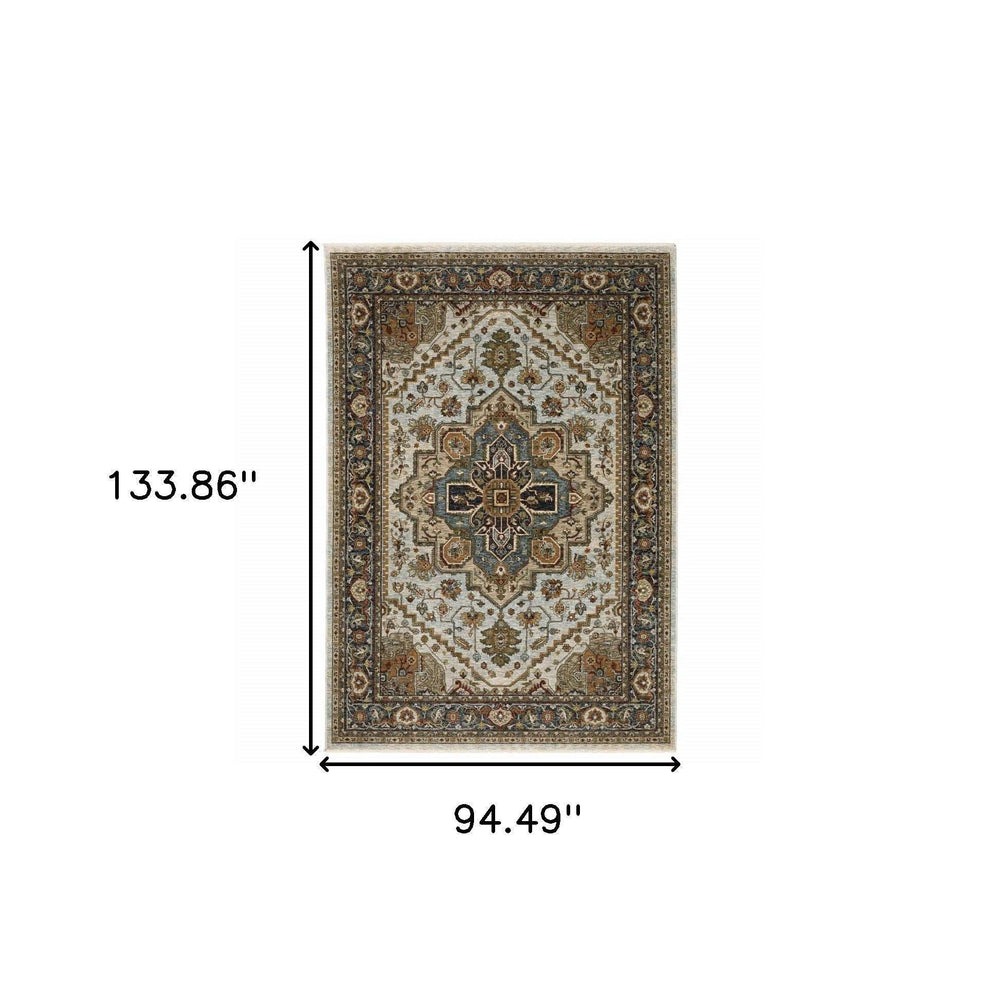 8' X 11' Ivory Beige Blue Orange Gold Green Grey And Rust Oriental Power Loom Stain Resistant Area Rug With Fringe - Homeroots - Flyclothing LLC