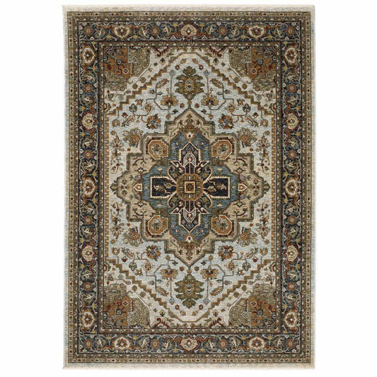 10' X 13' Ivory Beige Blue Orange Gold Green Grey And Rust Oriental Power Loom Stain Resistant Area Rug With Fringe - Homeroots - Flyclothing LLC