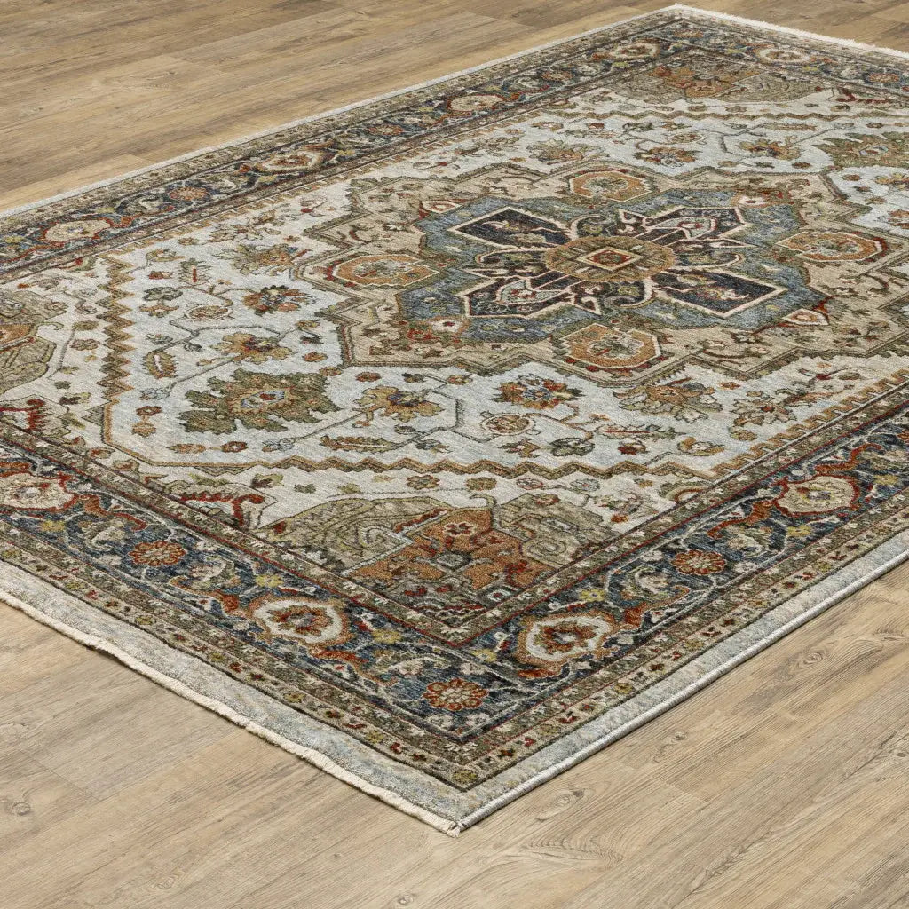 10' X 13' Ivory Beige Blue Orange Gold Green Grey And Rust Oriental Power Loom Stain Resistant Area Rug With Fringe - Homeroots - Flyclothing LLC