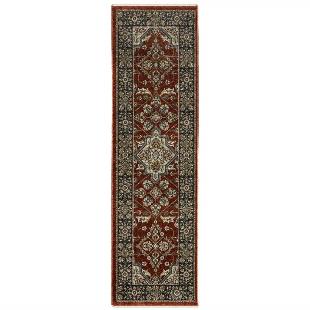 2' X 8' Red Ivory Blue Navy Gold And Grey Oriental Power Loom Stain Resistant Runner Rug With Fringe - Homeroots - Flyclothing LLC