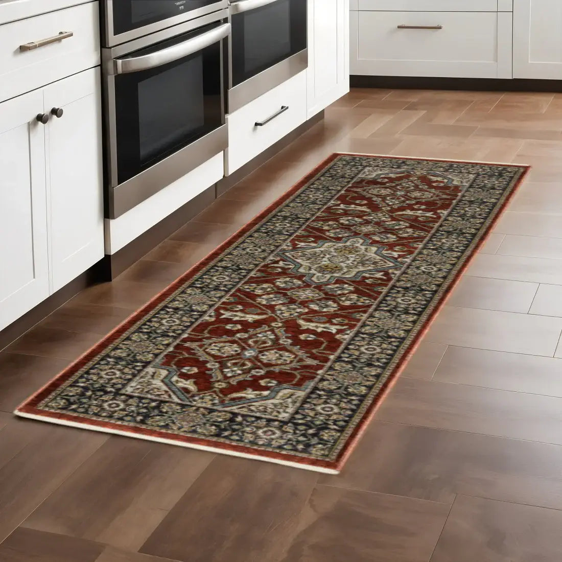 2' X 8' Red Ivory Blue Navy Gold And Grey Oriental Power Loom Stain Resistant Runner Rug With Fringe - Homeroots - Flyclothing LLC