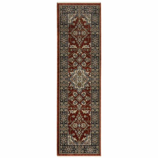 2' X 8' Red Ivory Blue Navy Gold And Grey Oriental Power Loom Stain Resistant Runner Rug With Fringe - Homeroots - Flyclothing LLC