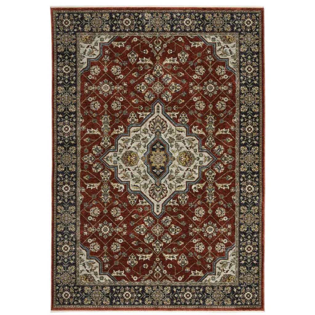 2' X 3' Red Ivory Blue Navy Gold And Grey Oriental Power Loom Stain Resistant Area Rug With Fringe - Homeroots - Flyclothing LLC
