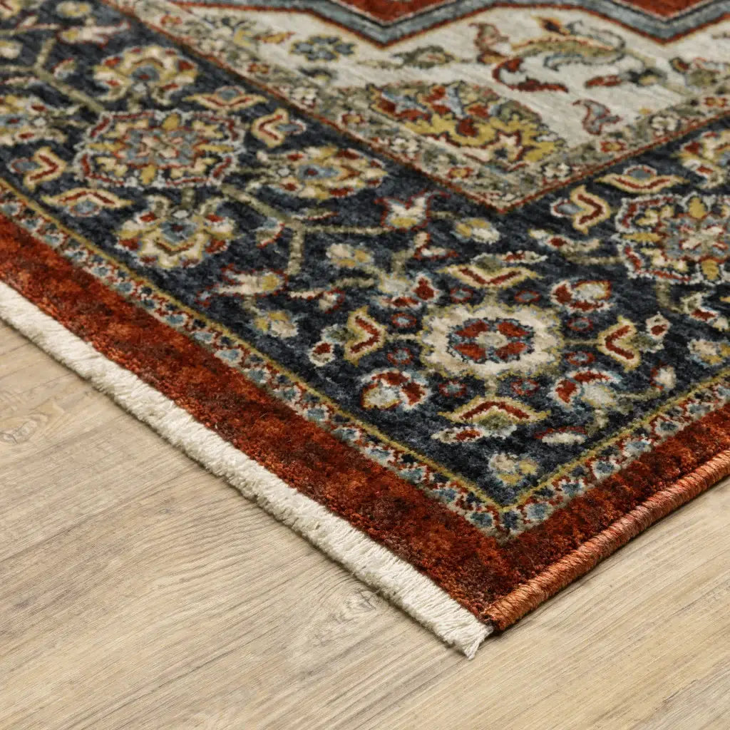 2' X 3' Red Ivory Blue Navy Gold And Grey Oriental Power Loom Stain Resistant Area Rug With Fringe - Homeroots - Flyclothing LLC