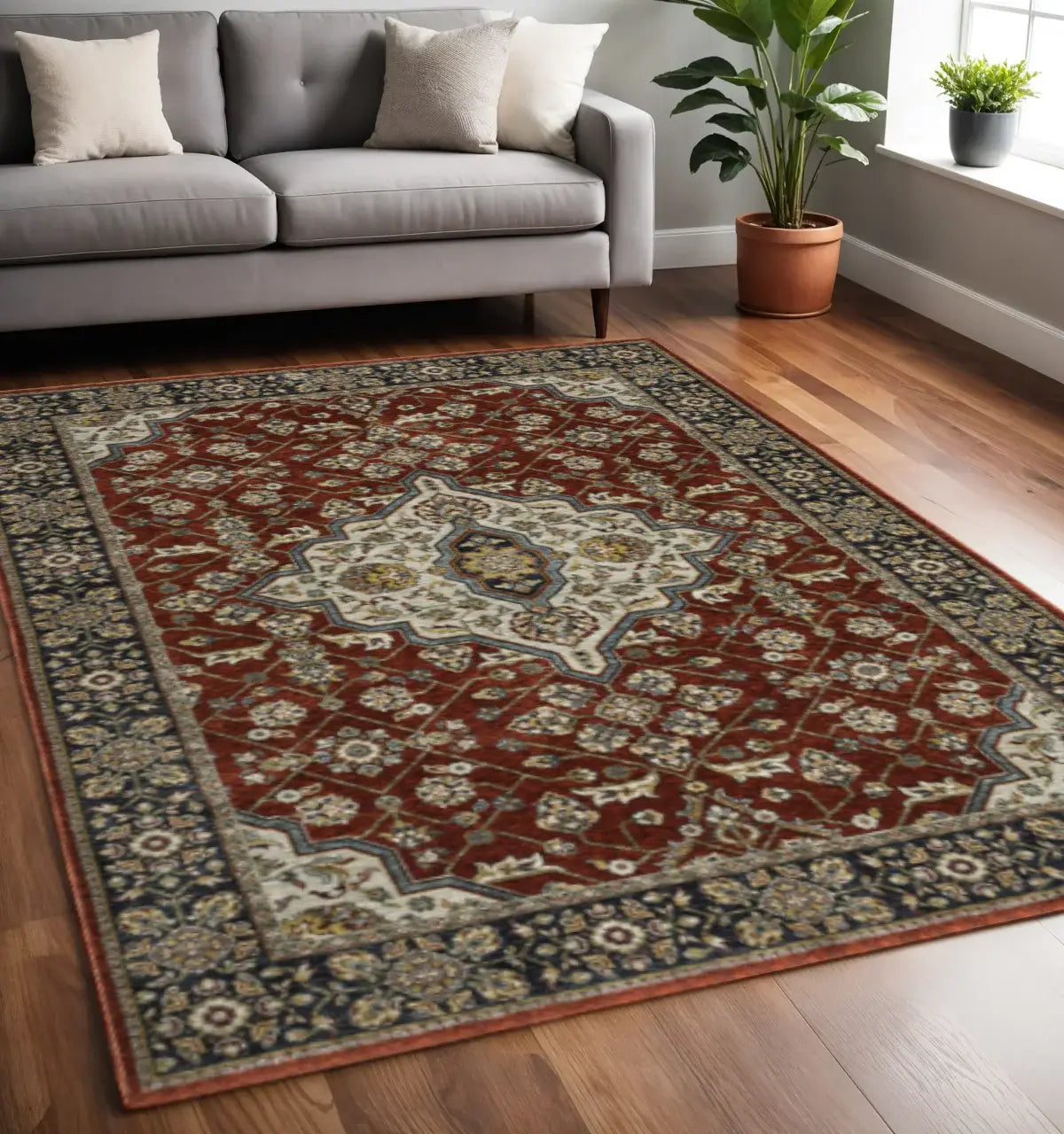 5' X 8' Red Ivory Blue Navy Gold And Grey Oriental Power Loom Stain Resistant Area Rug With Fringe - Homeroots - Flyclothing LLC