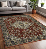 5' X 8' Red Ivory Blue Navy Gold And Grey Oriental Power Loom Stain Resistant Area Rug With Fringe - Homeroots - Flyclothing LLC