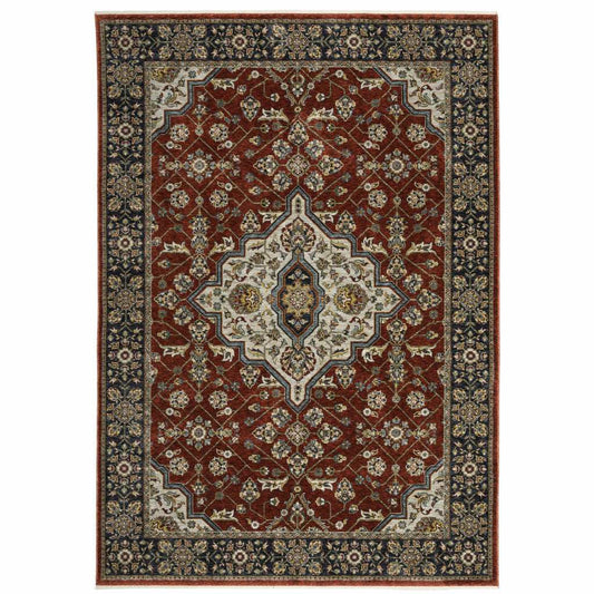 5' X 8' Red Ivory Blue Navy Gold And Grey Oriental Power Loom Stain Resistant Area Rug With Fringe - Homeroots - Flyclothing LLC