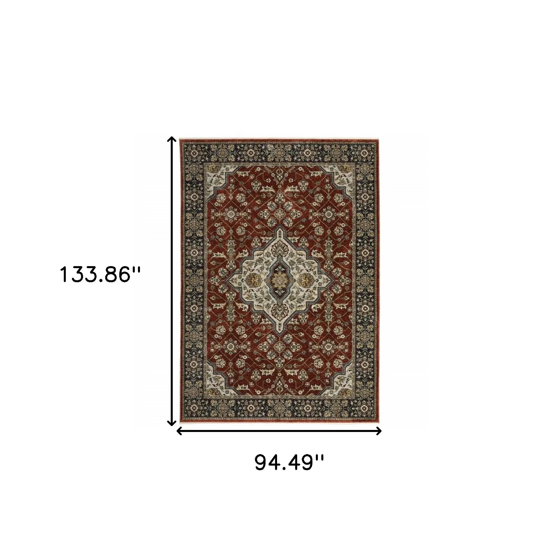 8' X 11' Red Ivory Blue Navy Gold And Grey Oriental Power Loom Stain Resistant Area Rug With Fringe - Homeroots - Flyclothing LLC