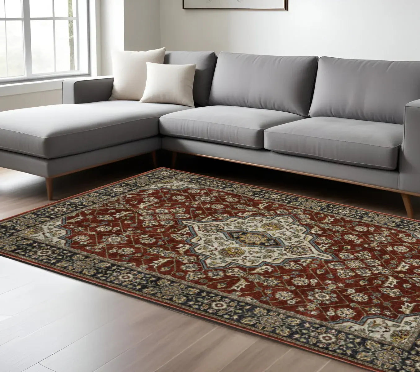 8' X 11' Red Ivory Blue Navy Gold And Grey Oriental Power Loom Stain Resistant Area Rug With Fringe - Homeroots - Flyclothing LLC