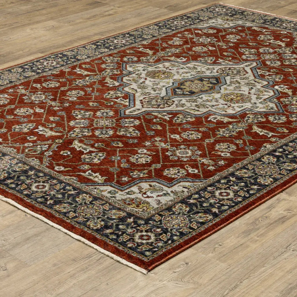 10' X 13' Red Ivory Blue Navy Gold And Grey Oriental Power Loom Stain Resistant Area Rug With Fringe - Homeroots - Flyclothing LLC