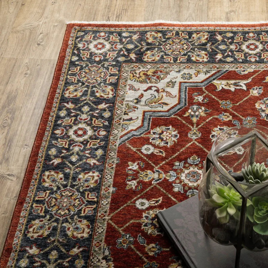 10' X 13' Red Ivory Blue Navy Gold And Grey Oriental Power Loom Stain Resistant Area Rug With Fringe - Homeroots - Flyclothing LLC