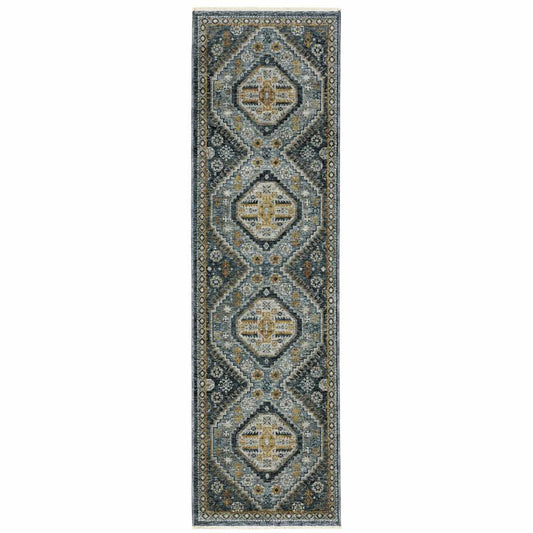 2' X 8' Blue Gold Ivory And Navy Oriental Power Loom Stain Resistant Runner Rug With Fringe - Homeroots - Flyclothing LLC