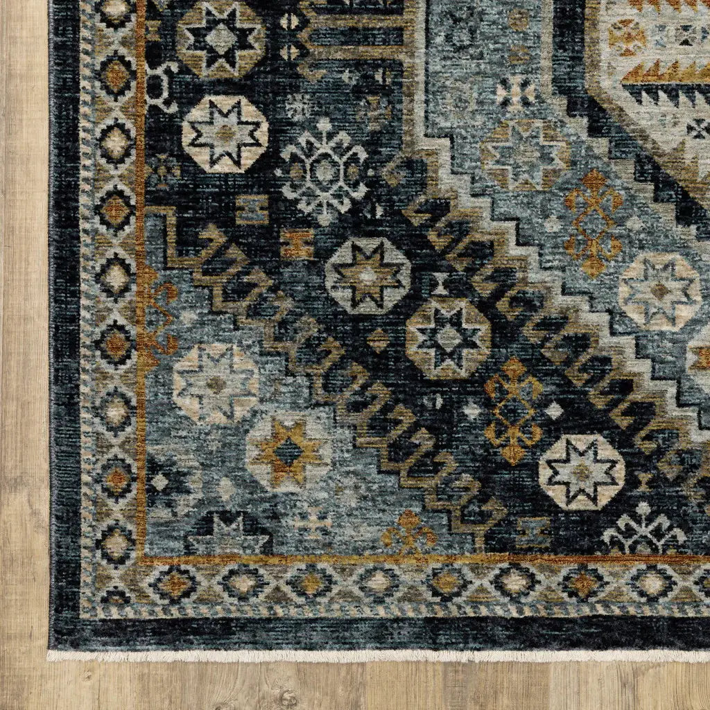 2' X 8' Blue Gold Ivory And Navy Oriental Power Loom Stain Resistant Runner Rug With Fringe - Homeroots - Flyclothing LLC