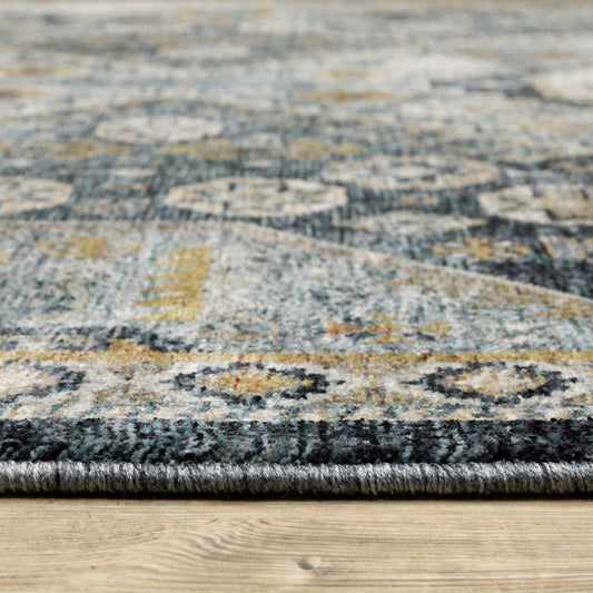 2' X 3' Light Blue Navy Gold Ivory And Grey Oriental Power Loom Stain Resistant Area Rug With Fringe - Homeroots - Flyclothing LLC