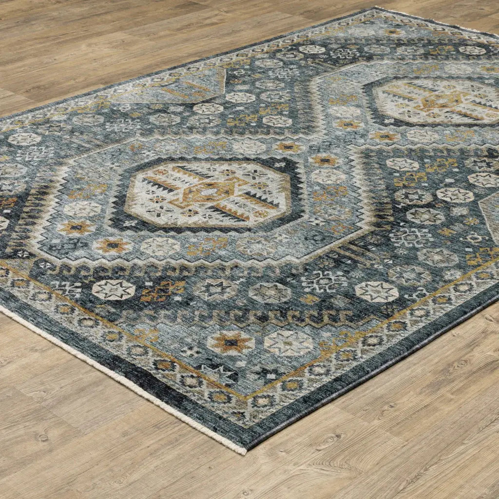 2' X 3' Light Blue Navy Gold Ivory And Grey Oriental Power Loom Stain Resistant Area Rug With Fringe - Homeroots - Flyclothing LLC