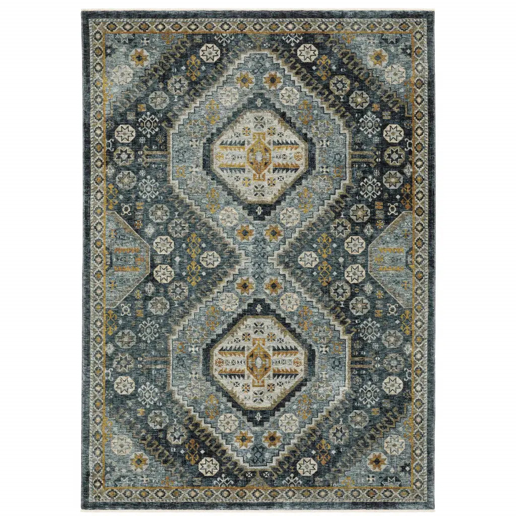 3' X 5' Blue Gold Ivory And Navy Oriental Power Loom Stain Resistant Area Rug With Fringe - Homeroots - Flyclothing LLC