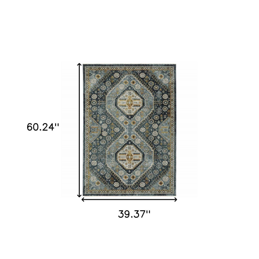 3' X 5' Blue Gold Ivory And Navy Oriental Power Loom Stain Resistant Area Rug With Fringe - Homeroots - Flyclothing LLC