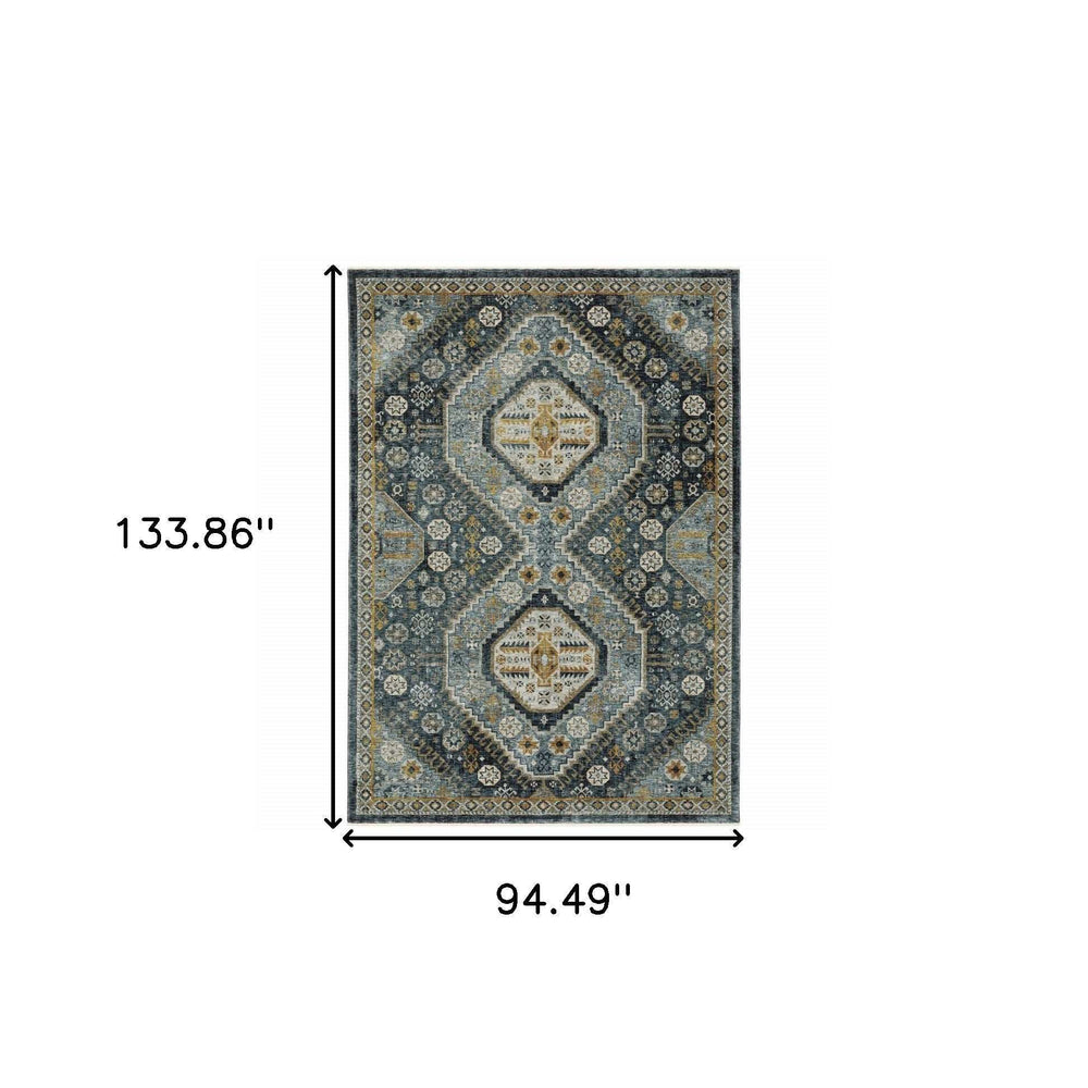 8' X 11' Blue Gold Ivory And Navy Oriental Power Loom Stain Resistant Area Rug With Fringe - Homeroots - Flyclothing LLC