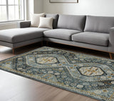 8' X 11' Blue Gold Ivory And Navy Oriental Power Loom Stain Resistant Area Rug With Fringe - Homeroots - Flyclothing LLC