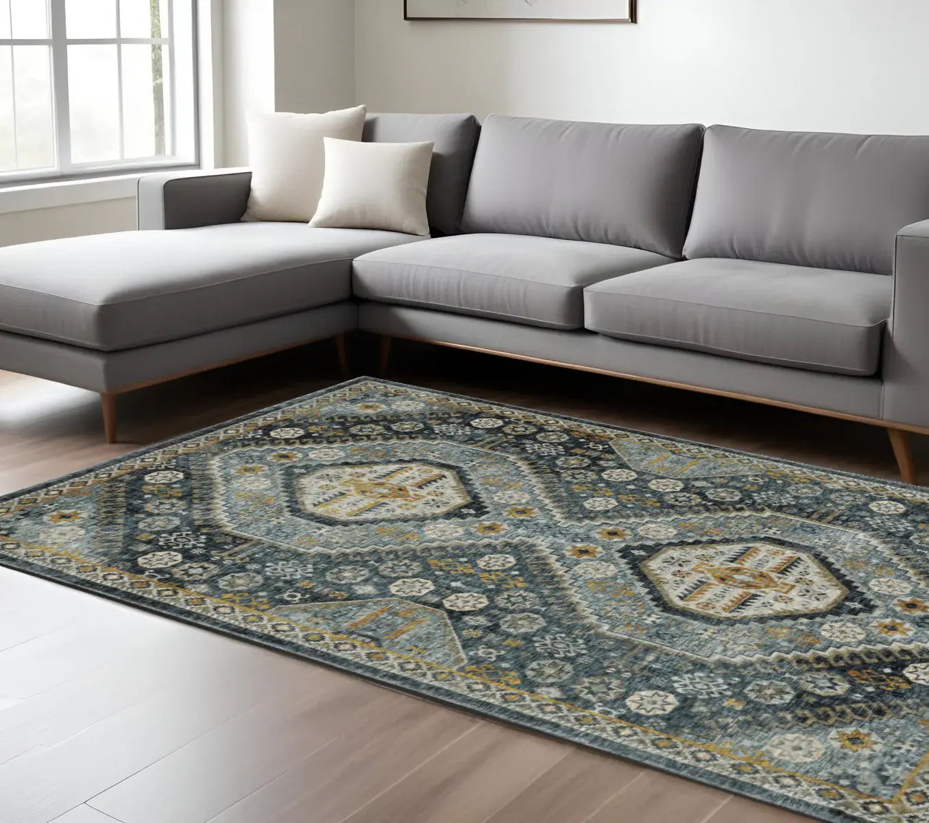 8' X 11' Blue Gold Ivory And Navy Oriental Power Loom Stain Resistant Area Rug With Fringe - Homeroots - Flyclothing LLC