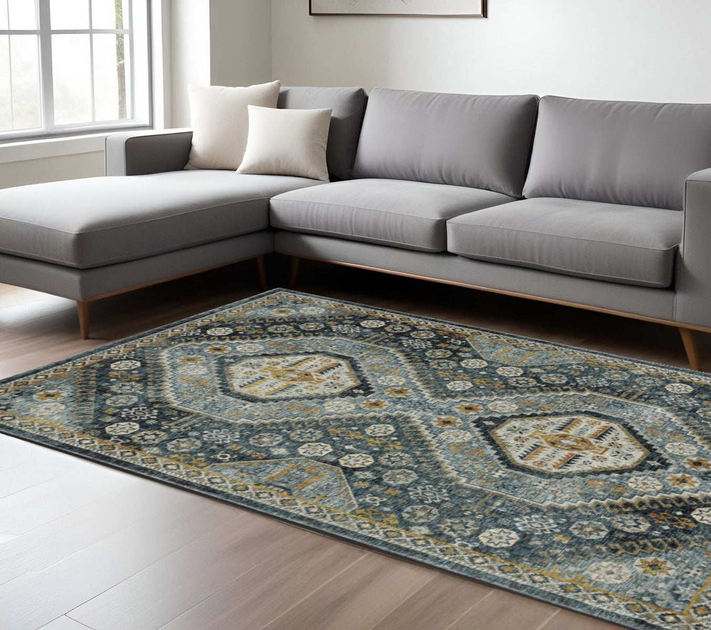 8' X 11' Blue Gold Ivory And Navy Oriental Power Loom Stain Resistant Area Rug With Fringe - Homeroots - Flyclothing LLC