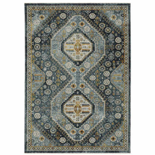 8' X 11' Blue Gold Ivory And Navy Oriental Power Loom Stain Resistant Area Rug With Fringe - Homeroots - Flyclothing LLC