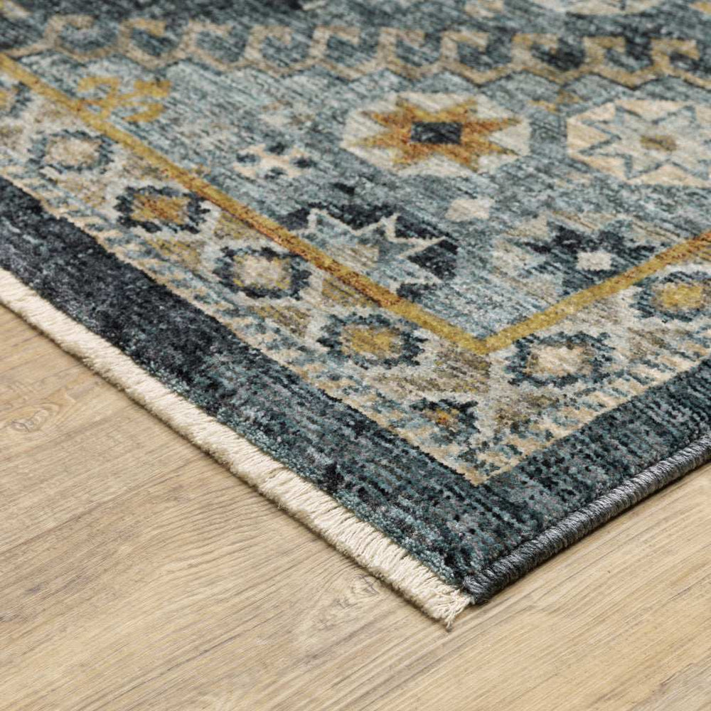 10' X 13' Blue Gold Ivory And Navy Oriental Power Loom Stain Resistant Area Rug With Fringe - Homeroots - Flyclothing LLC