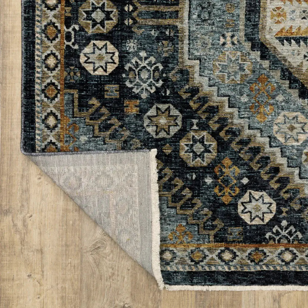 10' X 13' Blue Gold Ivory And Navy Oriental Power Loom Stain Resistant Area Rug With Fringe - Homeroots - Flyclothing LLC