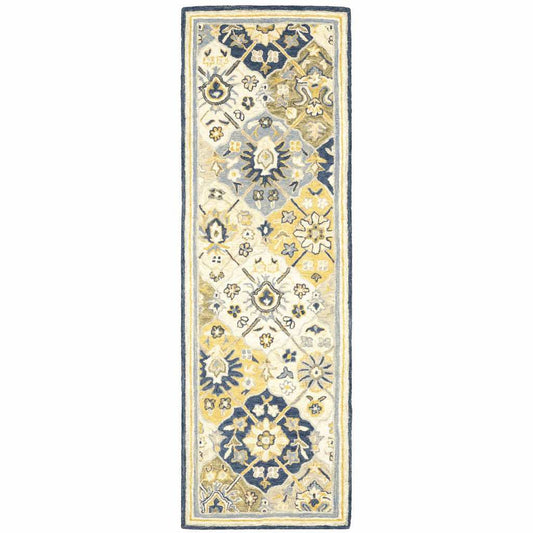 8' Runner Blue and Beige Geometric Hand Tufted Runner Rug - Homeroots - Flyclothing LLC