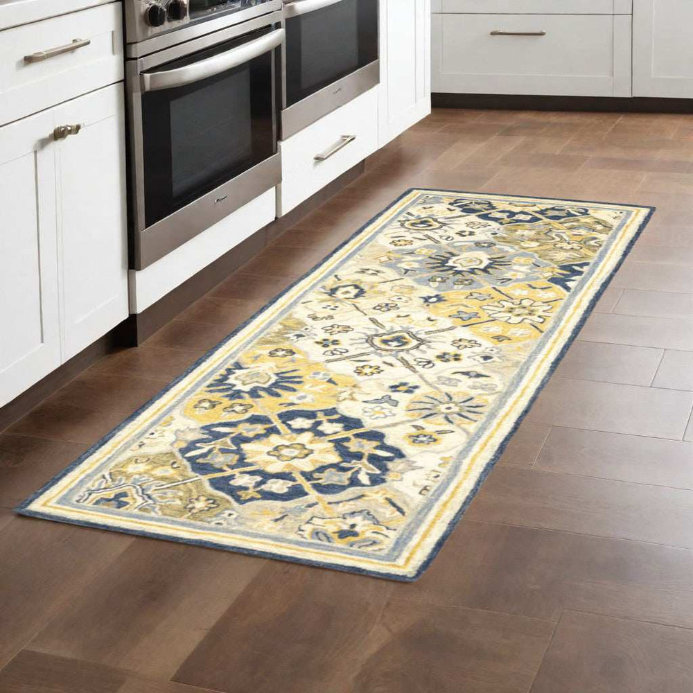 8' Runner Blue and Beige Geometric Hand Tufted Runner Rug - Homeroots - Flyclothing LLC