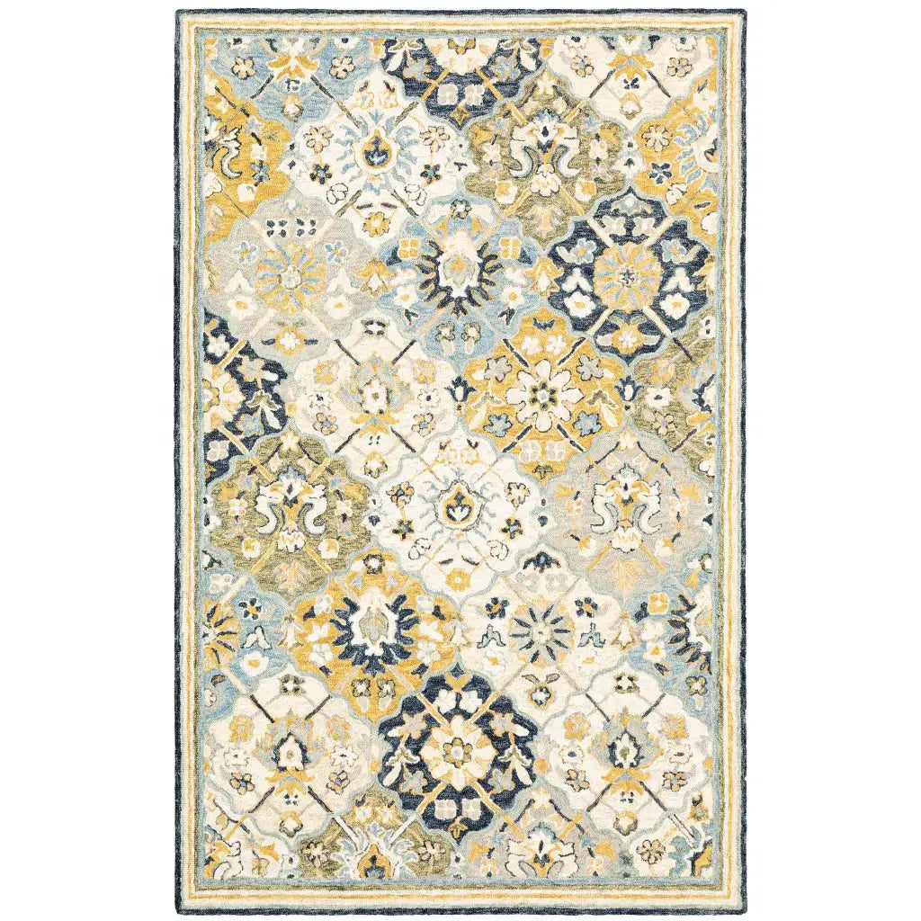4' X 6' Blue Green Gold Navy And Ivory Geometric Tufted Handmade Stain Resistant Area Rug - Homeroots - Flyclothing LLC