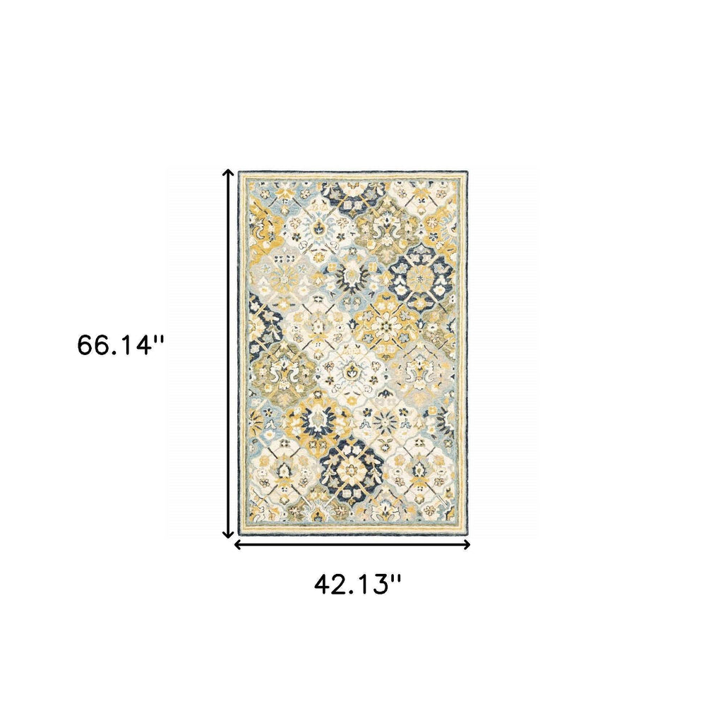 4' X 6' Blue Green Gold Navy And Ivory Geometric Tufted Handmade Stain Resistant Area Rug - Homeroots - Flyclothing LLC