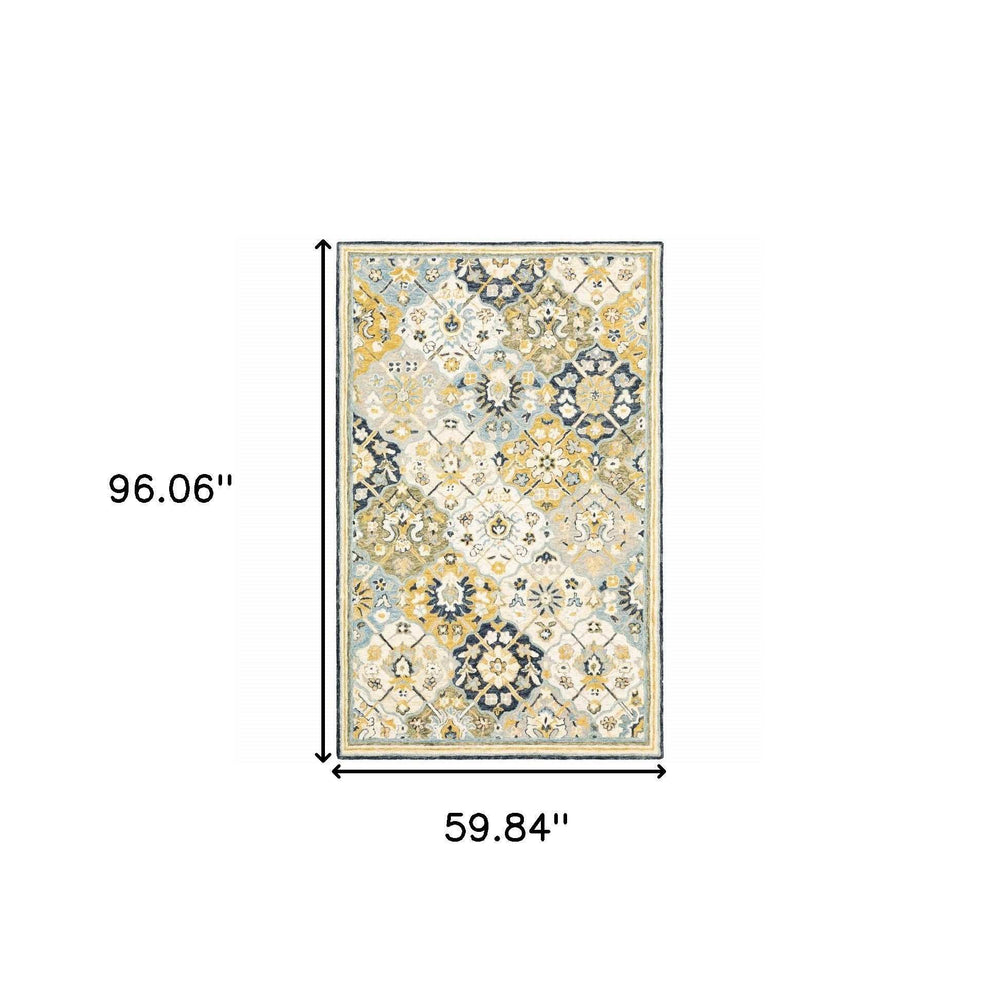 5' X 8' Blue Green Gold Navy And Ivory Geometric Tufted Handmade Stain Resistant Area Rug - Homeroots - Flyclothing LLC