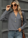 Striped Notched Long Sleeve T-Shirt - Trendsi