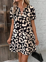 Printed Notched Short Sleeve Mini Dress - Trendsi - Flyclothing LLC
