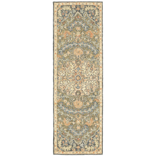 8' Blue and Orange Oriental Hand Tufted Runner Rug - Homeroots - Flyclothing LLC
