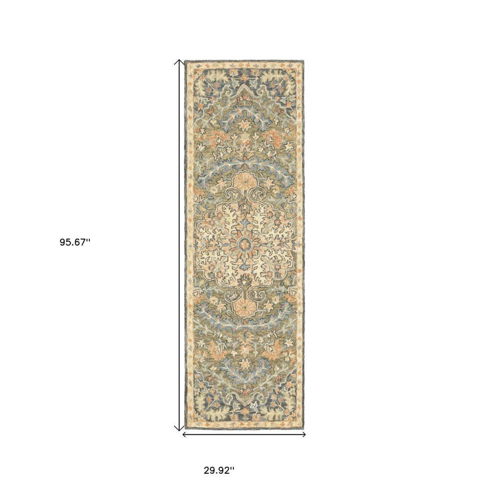 8' Blue and Orange Oriental Hand Tufted Runner Rug - Homeroots - Flyclothing LLC