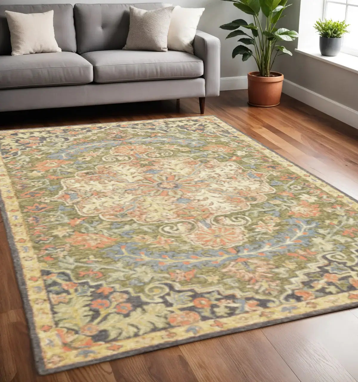 5' X 8' Blue Green Clay And Gold Oriental Tufted Handmade Stain Resistant Area Rug - Homeroots - Flyclothing LLC