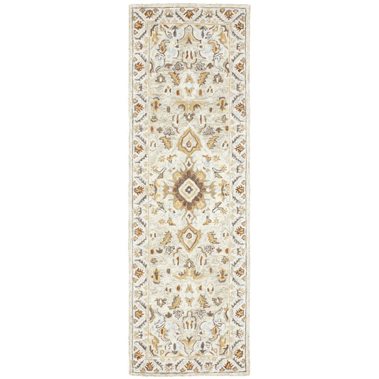 2' X 8' Ivory Beige Gold And Muted Grey Oriental Tufted Handmade Stain Resistant Runner Rug - Homeroots - Flyclothing LLC