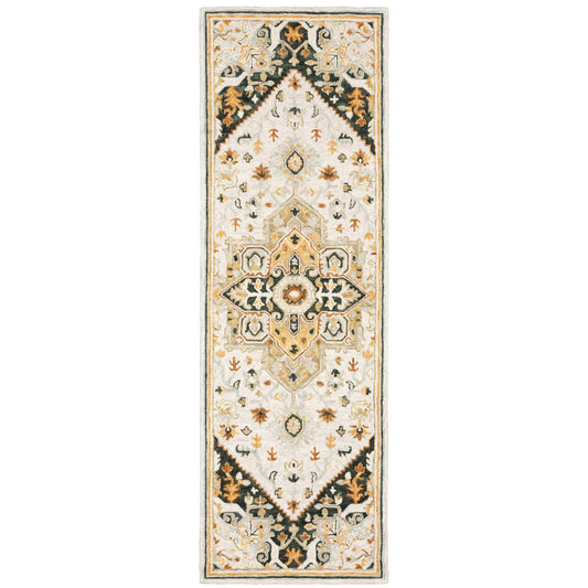 8' Ivory and Black Oriental Handmade Runner Rug - Homeroots - Flyclothing LLC