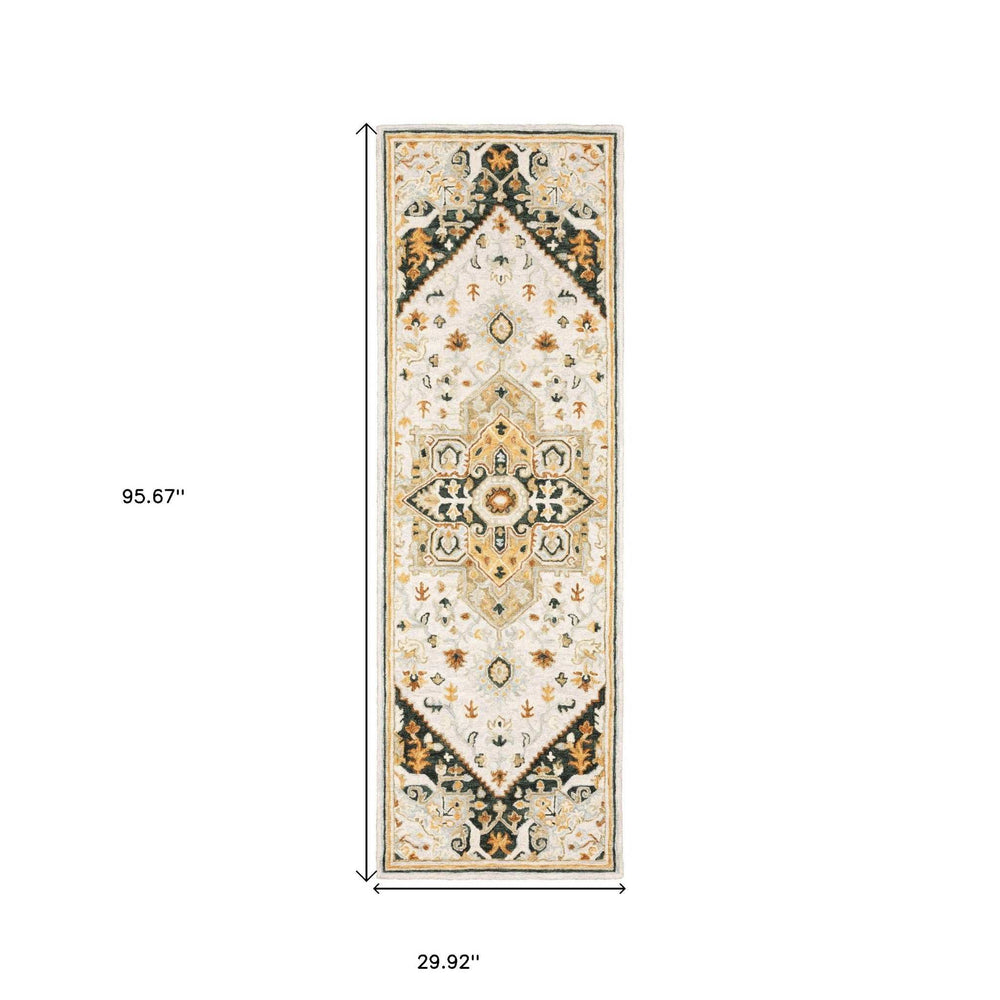 8' Ivory and Black Oriental Handmade Runner Rug - Homeroots - Flyclothing LLC