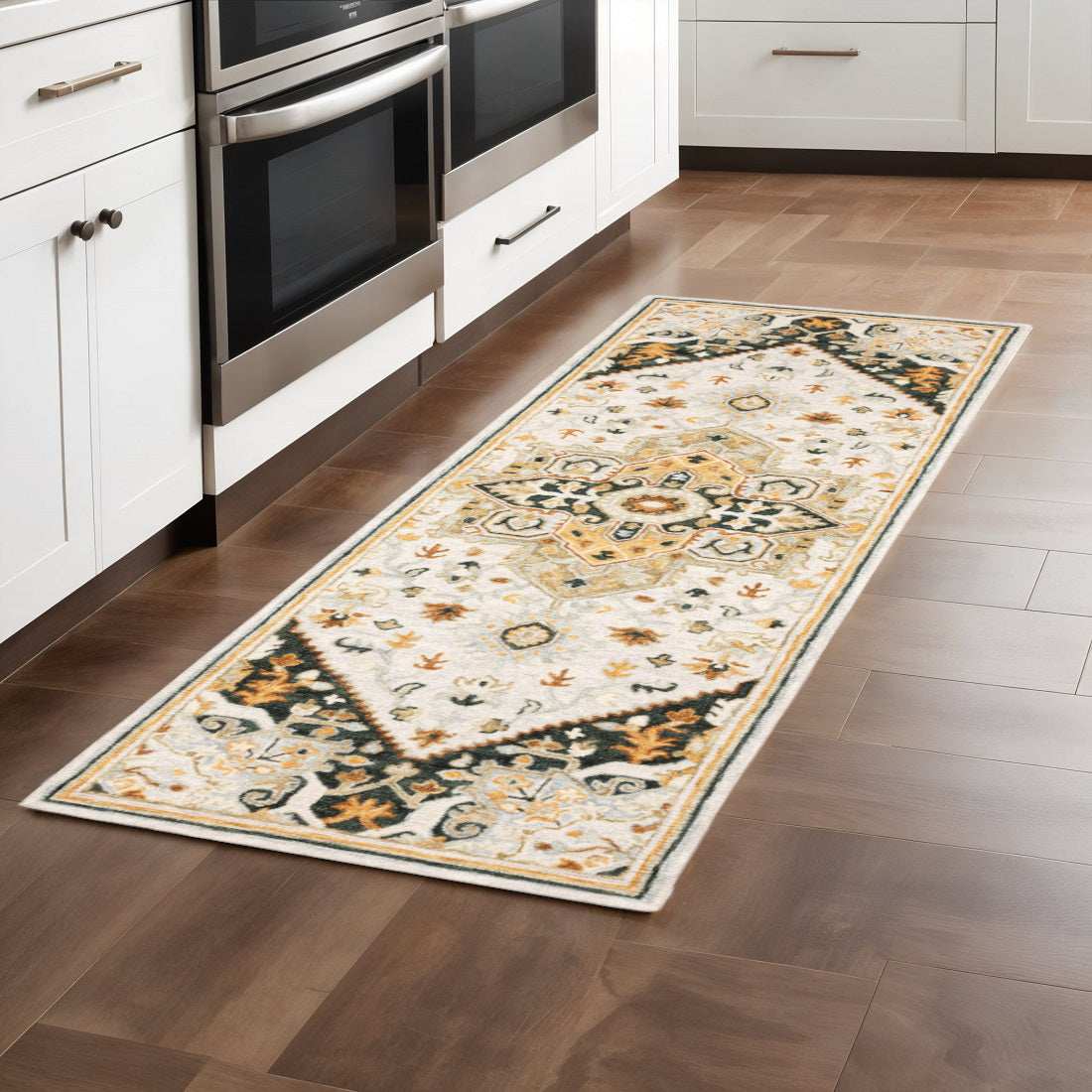 8' Ivory and Black Oriental Handmade Runner Rug - Homeroots - Flyclothing LLC