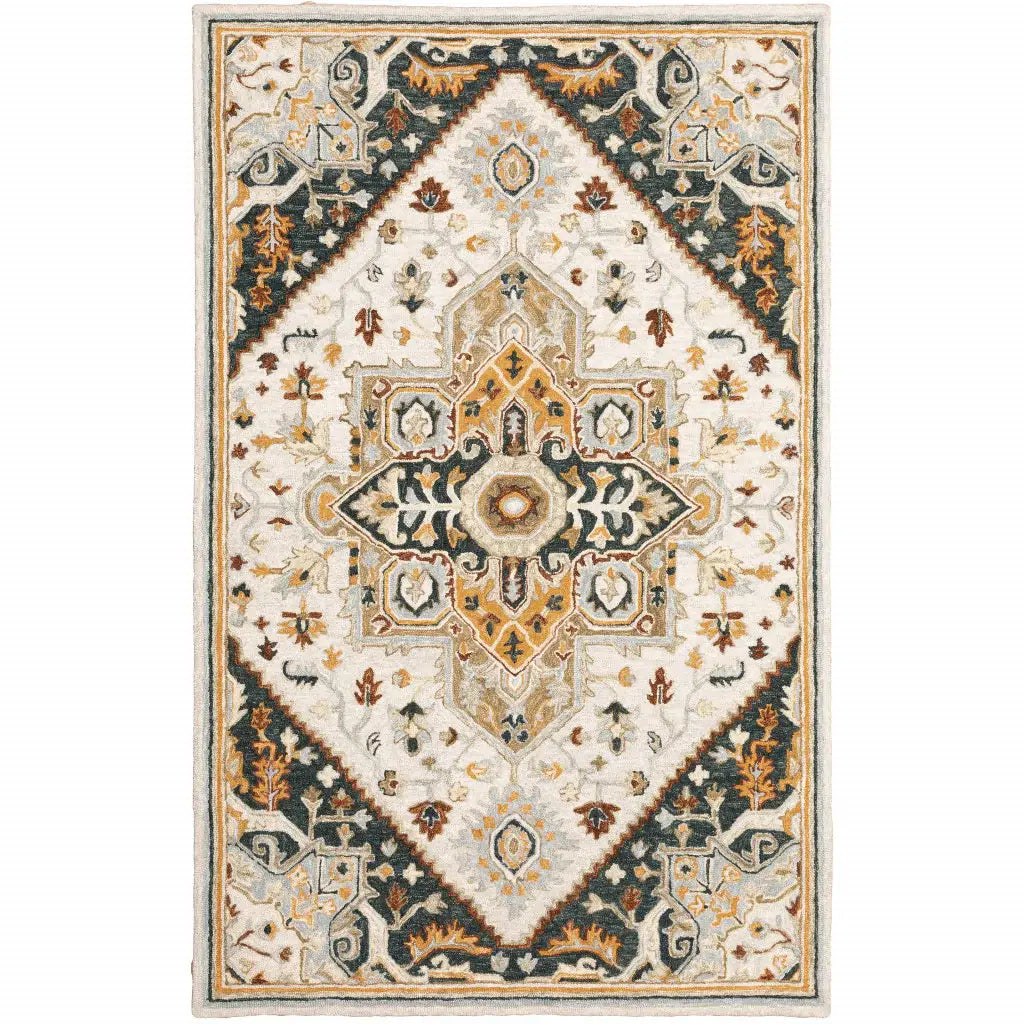 5' X 8' Ivory Charcoal Gold Clay And Muted Blue Oriental Tufted Handmade Stain Resistant Area Rug - Homeroots - Flyclothing LLC