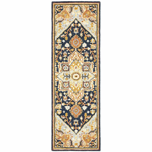2' X 8' Navy Rust Blue Ivory And Gold Oriental Tufted Handmade Stain Resistant Runner Rug - Homeroots - Flyclothing LLC