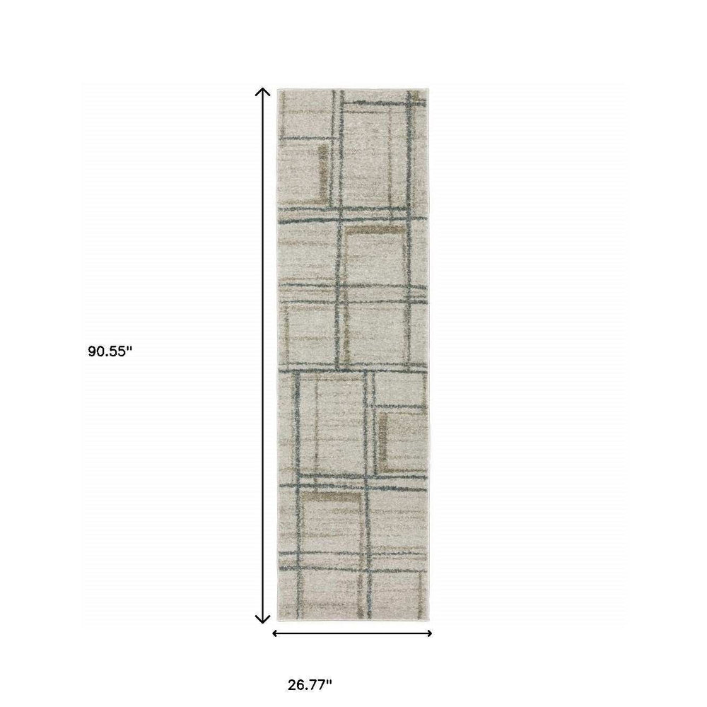 8' Runner Grey Teal Beige and Tan Geometric Power Loom Runner Rug - Homeroots - Flyclothing LLC