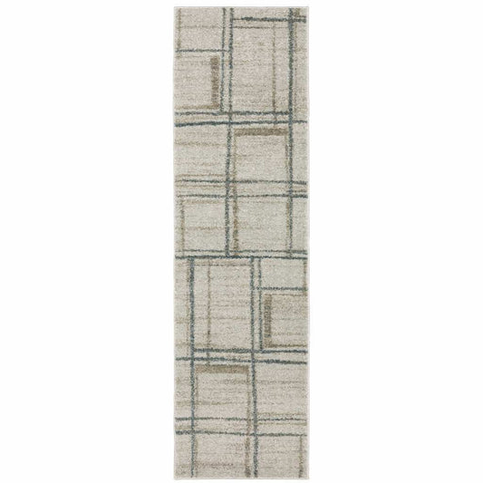 8' Runner Grey Teal Beige and Tan Geometric Power Loom Runner Rug - Homeroots - Flyclothing LLC