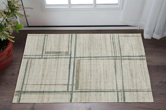 3' X 5' Grey Teal Beige and Tan Geometric Power Loom Area Rug - Homeroots - Flyclothing LLC