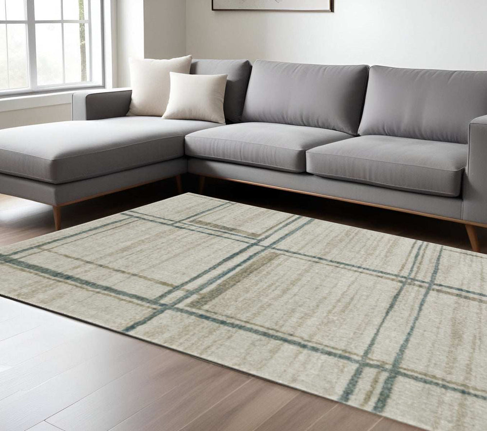 7' X 10' Grey Teal Beige and Tan Geometric Power Loom Area Rug - Homeroots - Flyclothing LLC