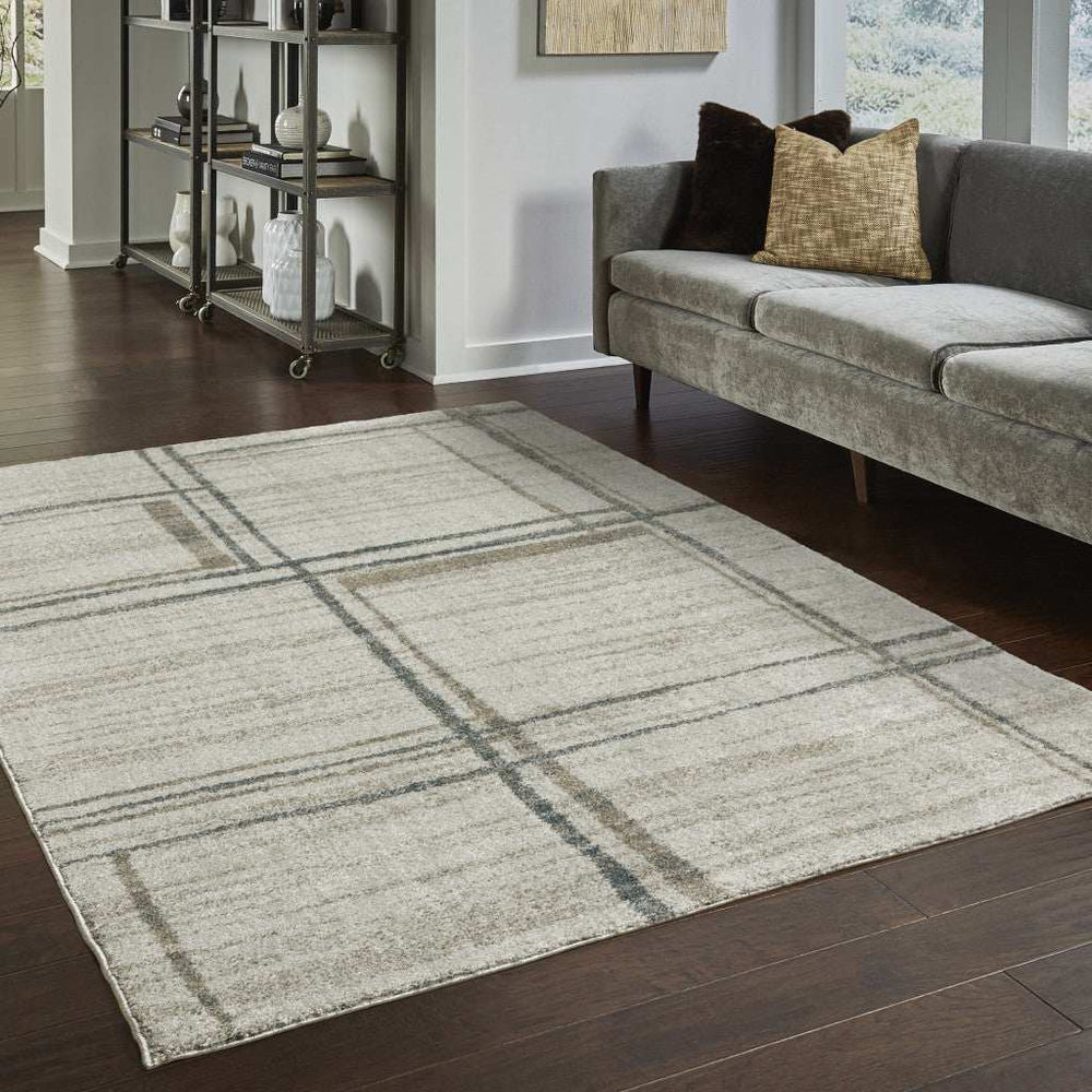 10' X 13' Grey Teal Beige and Tan Geometric Power Loom Area Rug - Homeroots - Flyclothing LLC