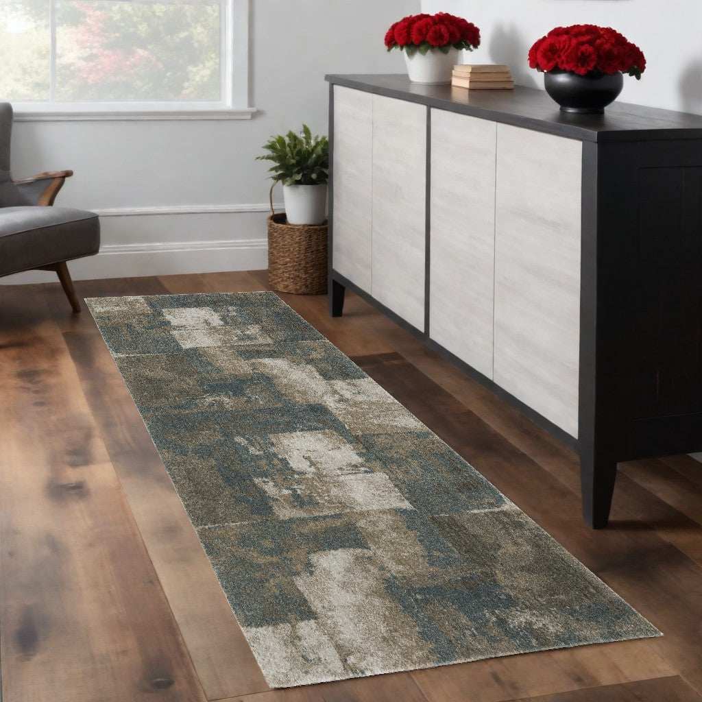 8' Runner Teal Blue Geometric Power Loom Runner Rug - Homeroots - Flyclothing LLC